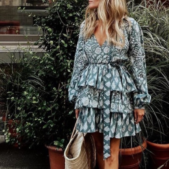 Marea Dresses & Skirts - Marea Blue Cala Azul Floral Long Sleeve V-Neck Preppy Grace Ruffle Mini Dress